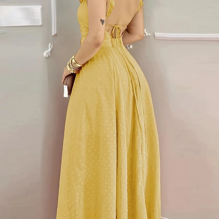 Women's Yellow Polka Dot Maxi Dress Ruffled Neckline Back Tie Side Slit Ideal for Summer Vacations and Bohemian Gatherings