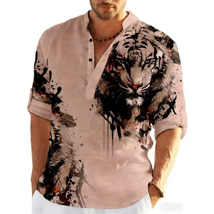 Spring and Autumn 3D Button Polo Shirt Graffiti Stand Collar New Casual Long Sleeved Polo Shirt