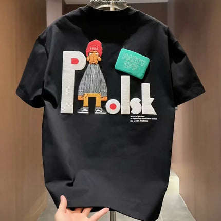 2025 Summer New Trendy Cartoon Printed Men's Short sleeved Rascal Handsome Pure Cotton Casual Round Neck T-shirt