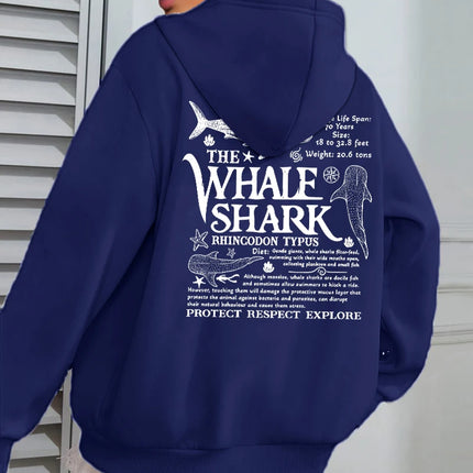 Creative Whale Shark With Letters Print Woman'S Streetwear Soft Trendy Hoodies Solid Color Warm Clothes Loose Hip Hop Hoody