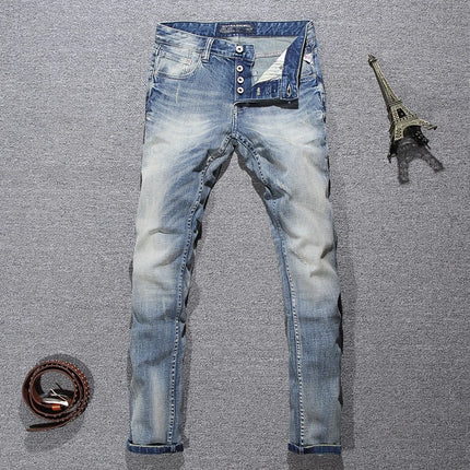 Hombrefashion Y2K Men's Slim Fit Jeans Light Blue Nostalgic Stretch Designer High-Quality Pants for Laundry