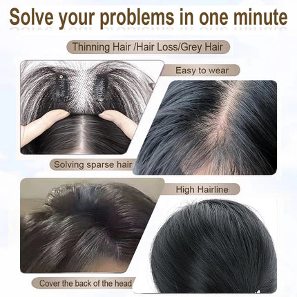 100% Real Human Hair Toppers with Bangs Silk Base 3Clip Pieces Brown Straight Human Topper Hairs for Women Hair Extension