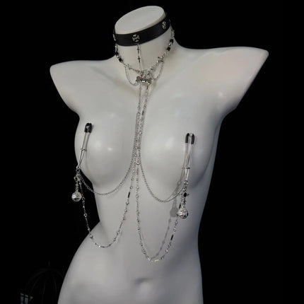 Women's Erotic Collar with Chain and Nipple Clamps in One Piece Tassels Cross/Skull Charms Goth BDSM Body Jewelry Adult Sextoy