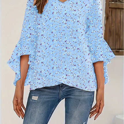 Plus Size Floral Ruffle Sleeve Top Women's V-Neck Boho Blouse Summer Beach Shirt Free Shipping