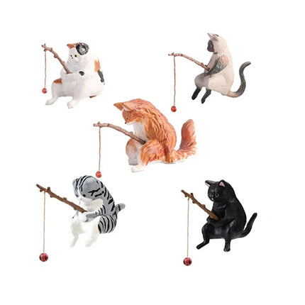 Cute Fishing Cat Fishbowl Fishing Figure Fisherman Figurine Cat Fishing Rod Seals Figures Cat Decoration Interior Accessories