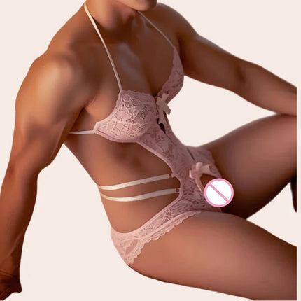 adult Men's sexy lingerie pink lace bodysuit hollowed out crotchless male servant bundle uniform femboy sex suit exotic gadgets