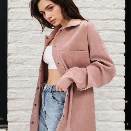Women's Plus Size Retro Outerwear Collared Shirt Set with Loose Casual Corduroy shirt
