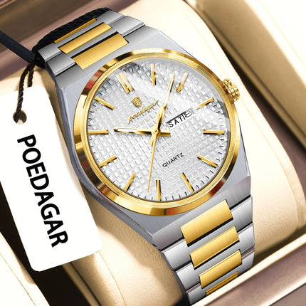 POEDAGAR Luxury Fashion Men's Wristwatch Waterproof Luminous Date Week Man Clock Stainless Steel Quartz Business Watches For Men