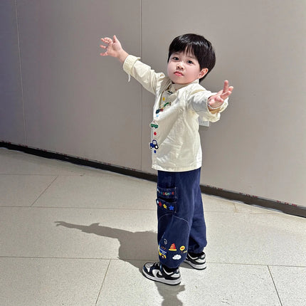 Boys' Soft Cartoon Shirt 2025 Autumn/Winter Collection Japanese Style Cute Solid Color Children's Top for Kids' Wardrobe