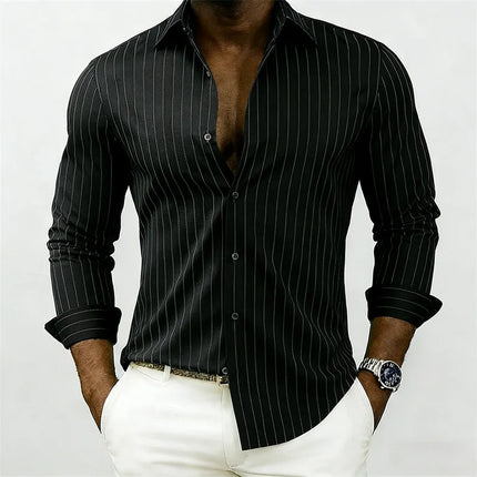 New men's striped shirt, outdoor street style, business casual, lapel collar, long sleeves, versatile and fashionable men's top.