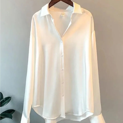 Plus Size Casual Women Silk Shirt 2025 New Fashion Loose Long Sleeve Button-Down Blouse Female Elegant Top Office Acetate Shirts