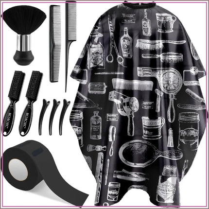 10 in 1 Hair Cutting Barber Cape with Neck Duster Brush, Barber Brush, Neck Strips, Hair Combs, Hair Clips - Professional Salon Accessories
