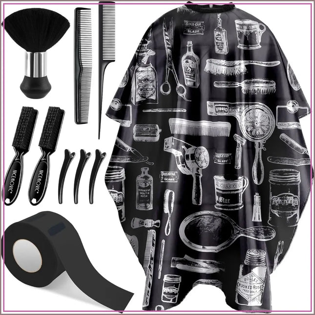 10 in 1 Hair Cutting Barber Cape with Neck Duster Brush, Barber Brush, Neck Strips, Hair Combs, Hair Clips - Professional Salon Accessories