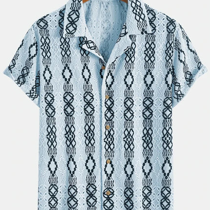 Summer 2025 Men's Short-sleeved Shirt With Black And White Stripes And Collection Pattern Print Single-breasted Fashion Shirt