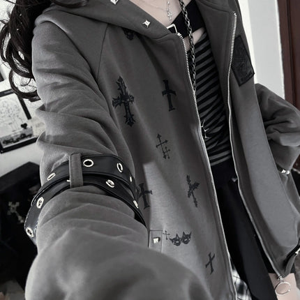 Original Gothic Cross Printed Loose Hoodie Jacket New Spring Women's Subculture Cool Rivet Drapey Zipper Coat Outwear