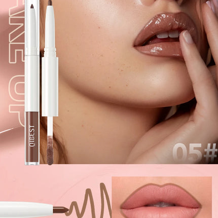 Double Head Mirror Lip Glaze 2 in 1 Lipliner Pen Water Light Lip Gloss Makeup Set Matte Velvet Lip Liner Pencil Contour Cosmetic