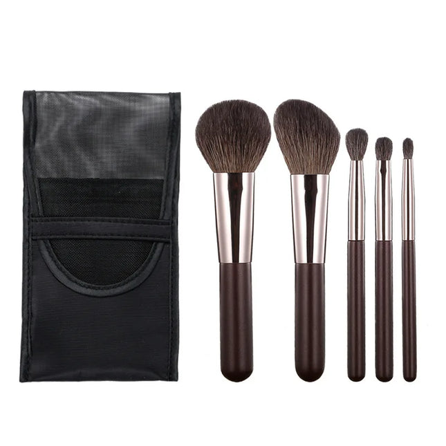 5-Piece Mini Natural Bristle Makeup Brush Set, Travel-Friendly Eyeshadow/Foundation/Blush/Concealer & Lip Brushes Portable Tools