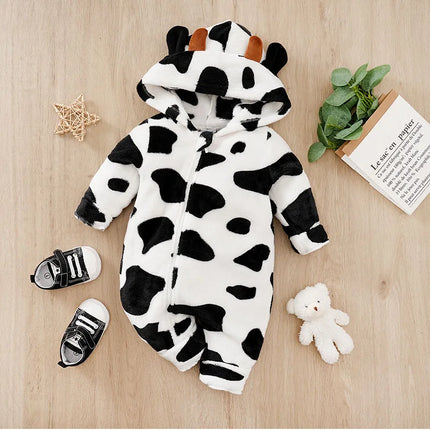 Newborn BoyGirlBaby CuteCartoonCow Flannel ThreeDimensional Ear Comfortable FullPrint SimpleCasual SpringAndAutumn Baby Jumpsuit