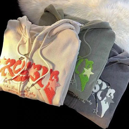 Autumn Long Sleeve Hooded Tops Fashion Zipper Embroidery Y2K Harajuku Streetwear Hoodies Jackrts Women Loose New Sweatshirts