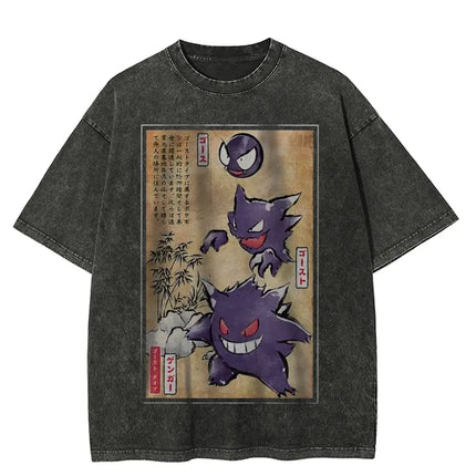 Pokemon The Starters Abbey Road Parody T Shirt Men 2026 Summer Vintage Acid Wash Oversized Tee Anime Streetwear
