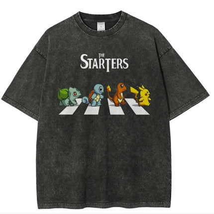 Pokemon The Starters Abbey Road Parody T Shirt Men 2026 Summer Vintage Acid Wash Oversized Tee Anime Streetwear