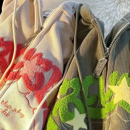 Fashion Embroidery Zip Up Hoodies Women Autumn Long Sleeve Tops Loose Hood Shirt Harajuku Y2K Clothes Female Sweatshirt Jacket