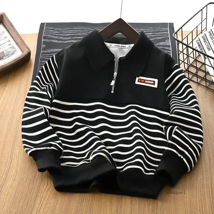 Children's Sweatshirt Spring Autumn Kids Boys' Half-zipper Sweatshirt Striped Lapel Middle and Big Children's Round Neck Tops