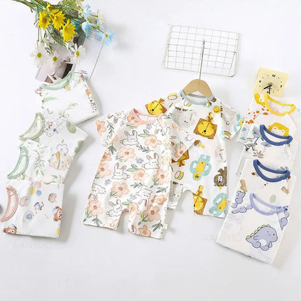 Cute Baby Cartoon Jumpsuit Summer Short Sleeved Thin Cotton Newborn Infant Clothing Bodysuit Boys Girls Crawling Clothes Rompers