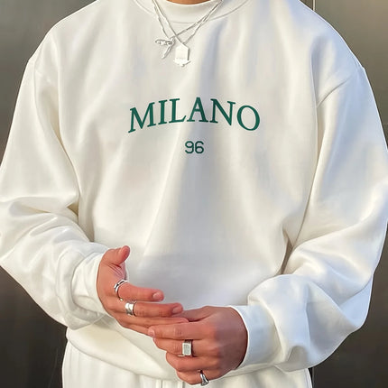 Men's autumn and winter fashionable casual loose MILANO 96 print fleece pullover long sleeved round neck sweatshirt
