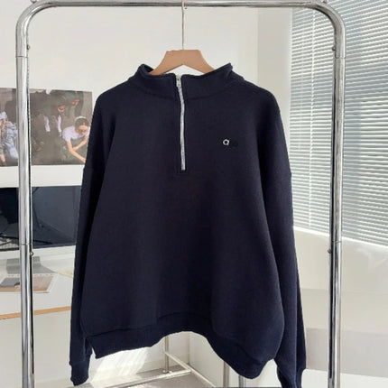 Loose Casual Zipper Sports Sweatshirts Solid Grey Cotton Long Sleeved Pullover Women Autumn and Winter Stand-up Collar Hoodie