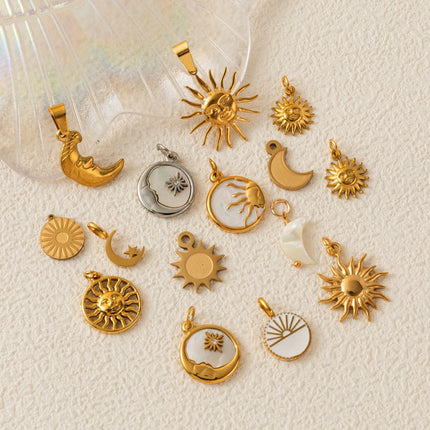 1Pc Stainless Steel Star Sun Moon Series DIY Pendant, Plated with 18K Gold for Color Preserving, Women's Jewelry Gift