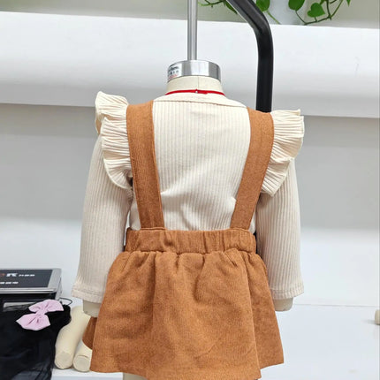 0-18months Baby Girl Spring Fall Outfit Solid Ruffled Long Sleeve Crew Neck Romper with Corduroy Suspender Overalls 2 Pcs Set