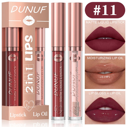 DUNUF Lip Gloss And Lip Oil Set 2-Piece Long-Lasting Waterproof Matte Moisturizing Non-Fading Lipstick Collection