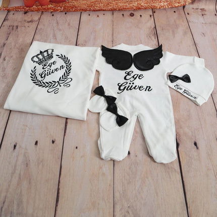 Personalized Name Baby Coming Home Outfit Angle Wing Infant Cotton Romper Onesie Blanket Pregnancy Embroidery Laurel Tree Gift