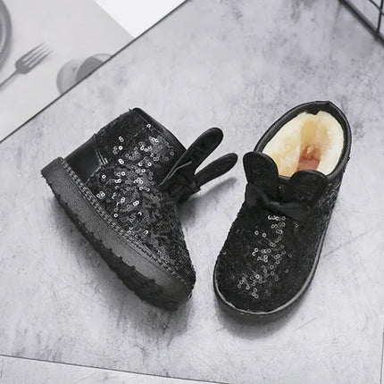 Girls Snow Boots Bunny Ear Bowtie Sequins Cute Winter Warm Ankle Boots Princess Toddler Non-slip Fashion Kids Boot Glitter Bling