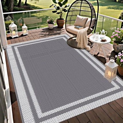 6' x 9' Outdoor Mat with Ground Pegs - Durable PP Material, Gray and White Grid Pattern, Perfect for Patio, Camping and Outdoor