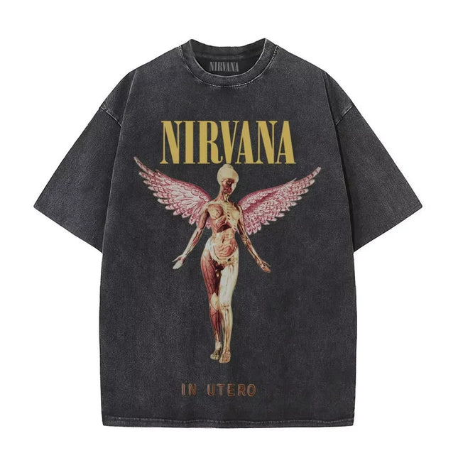 Nirvana Rock Band Men's Retro Cotton Washed Tee In Utero Album Men Women's Oversized Y2K Distressed T-Shirt Casual Loose Streetwear