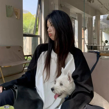 Casual Oversized T Shirt Y2k Tops Harajuku Long Sleeve O-Neck T-Shirts Spring Autumn Black White Patchwork Tees Women Streetwear