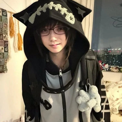 Japanese Subculture Patchwork Loose Hoodie Women Casual Punk Long Sleeve Sweet Vintage Jacket Gothic Punk Embroidery Sweatshirts