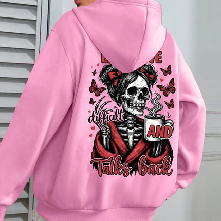 Expensive Talks Back Coffee Butterfly Skulls Print Women Hoody Autumn Hoodies Casual Loose Pullover Jogging Pocket Sportswear