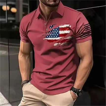Men's Polo Shirt 3D American Flag Printed Men's Loose Street Casual Short Sleeve Top