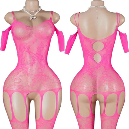 Summer Crotchless Lingerie Women Sexy Fishnet Hollow Open Bra Babydoll Dress  And Lace Stockings Erotic Apparel Porn Underwear
