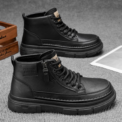 Men's Leather High-Top Boots | Lace-Up & Zipper Platform Ankle Boots | Non-Slip Work & Casual Shoes
