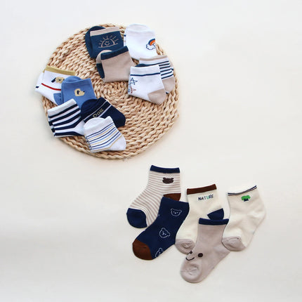 5 Pairs Summer Cotton Socks for Boy Girl Cute Cartoon Thin Breathable Baby Middle Tube Socks Fashion Stripe Kids Socks 0-3 Years