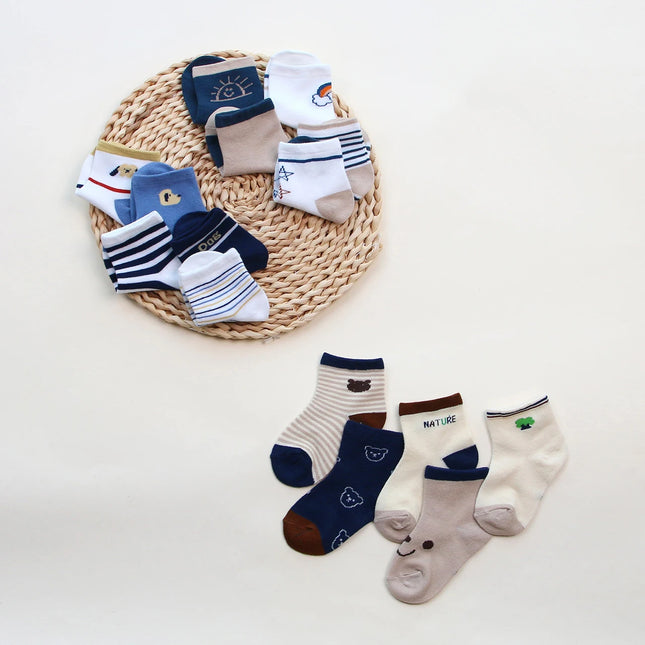 5 Pairs Summer Cotton Socks for Boy Girl Cute Cartoon Thin Breathable Baby Middle Tube Socks Fashion Stripe Kids Socks 0-3 Years