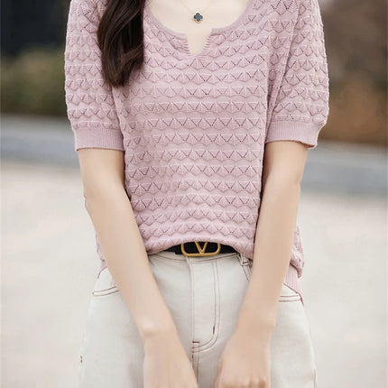 Women's T-shirt Summer New 100% Pure Cotton Tees Casual Solid Knitted Short sleeved V-neck Pullover Loose Tops Fashion Sweater