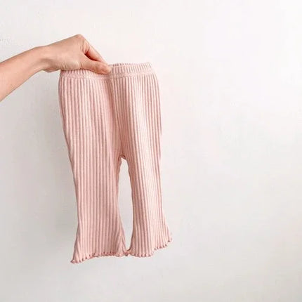 2025 Solid Girl Casual Flared Trousers Stretch Ribbed Wooden Hem Casual Trousers Girls Baby Spring Versatile Cotton Leggings