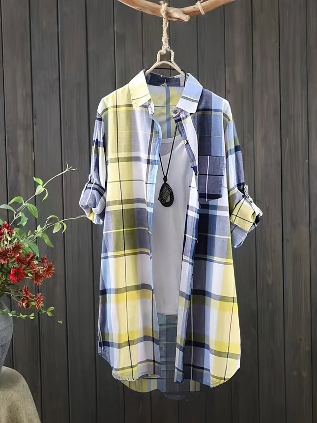 Plus Size Women's Shirts 2025 Lapel Square Plaid Tops Long Sleeve Korean Style of Casual Fashion Single-breasted Sunscreen Coat