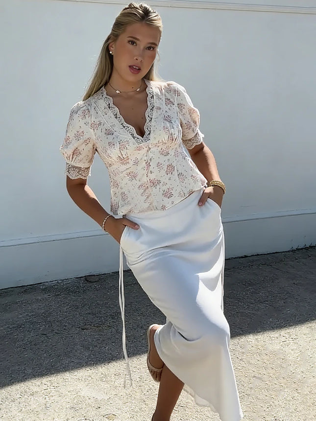 New Big Size Satin Print Lace V-Neck Puff Short Sleeves Fitted Waist Button Blouse Romantic Vintage Plus Size Woman Clothing Top