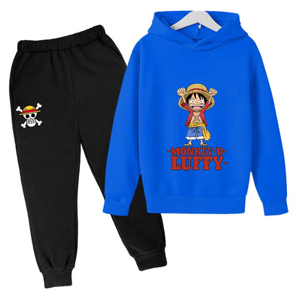 2025 Boys Girls Casual Hooded Japanese Anime One Piece Luffy Zoro Harajuku Hoodie Sweatpants Set with Pockets Sweatshirt Tops